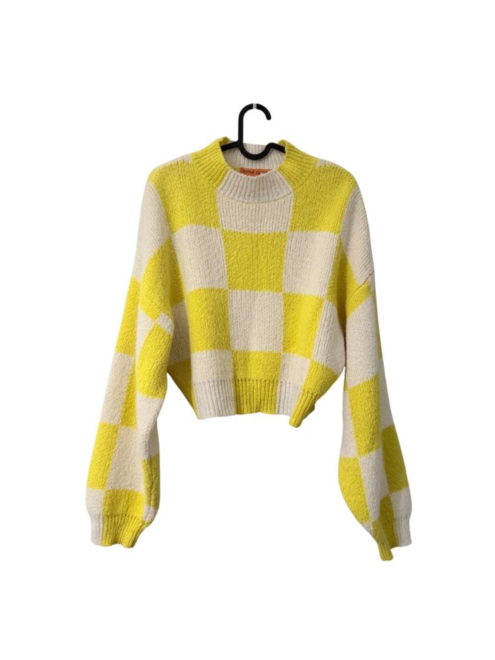 Stine Goya Womens Small Adonis Yellow Check Alpaca Blend Boxy Crop Sweater Mock